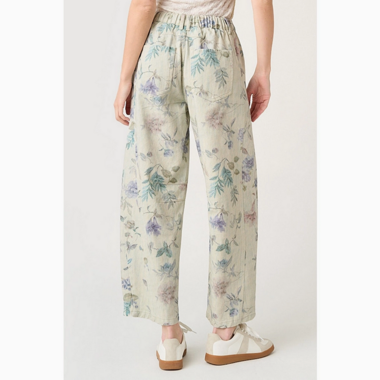 Mittoshop Washed Floral Print Elastic Waist Barrel Jeans