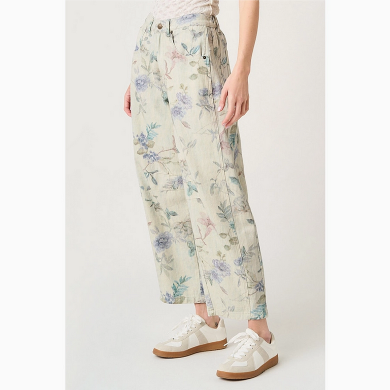 Mittoshop Washed Floral Print Elastic Waist Barrel Jeans