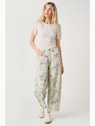 Mittoshop Washed Floral Print Elastic Waist Barrel Jeans