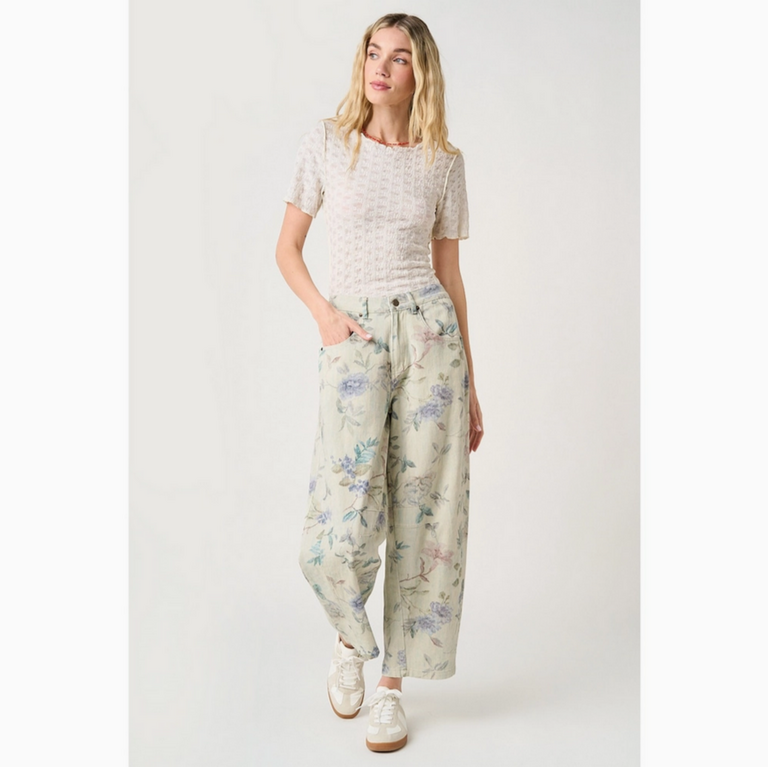 Mittoshop Washed Floral Print Elastic Waist Barrel Jeans