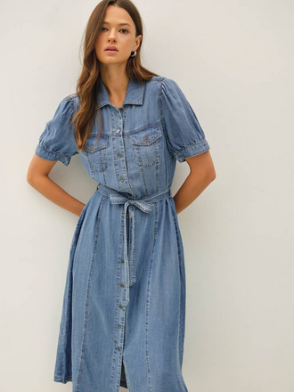 Be Cool Puff Sleeved Denim Shirt Dress