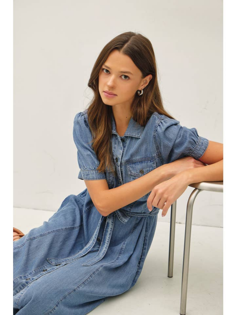 Be Cool Puff Sleeved Denim Shirt Dress
