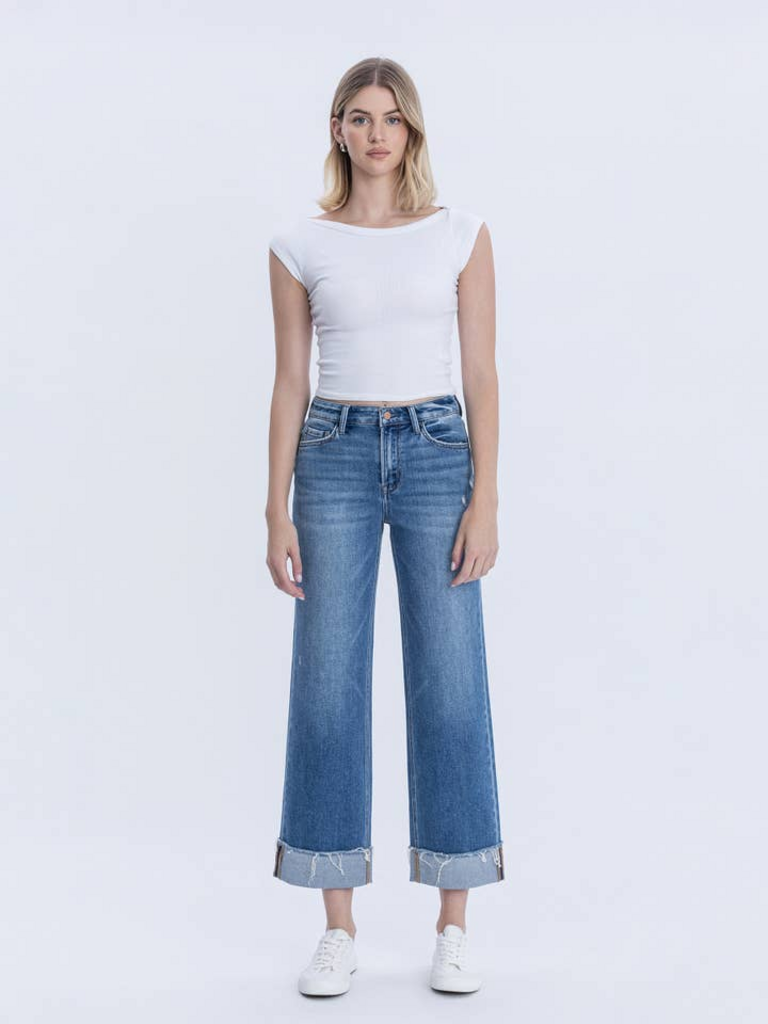 Flying Monkey High Rise Raw Cuffed Hem Slim Wide Jeans
