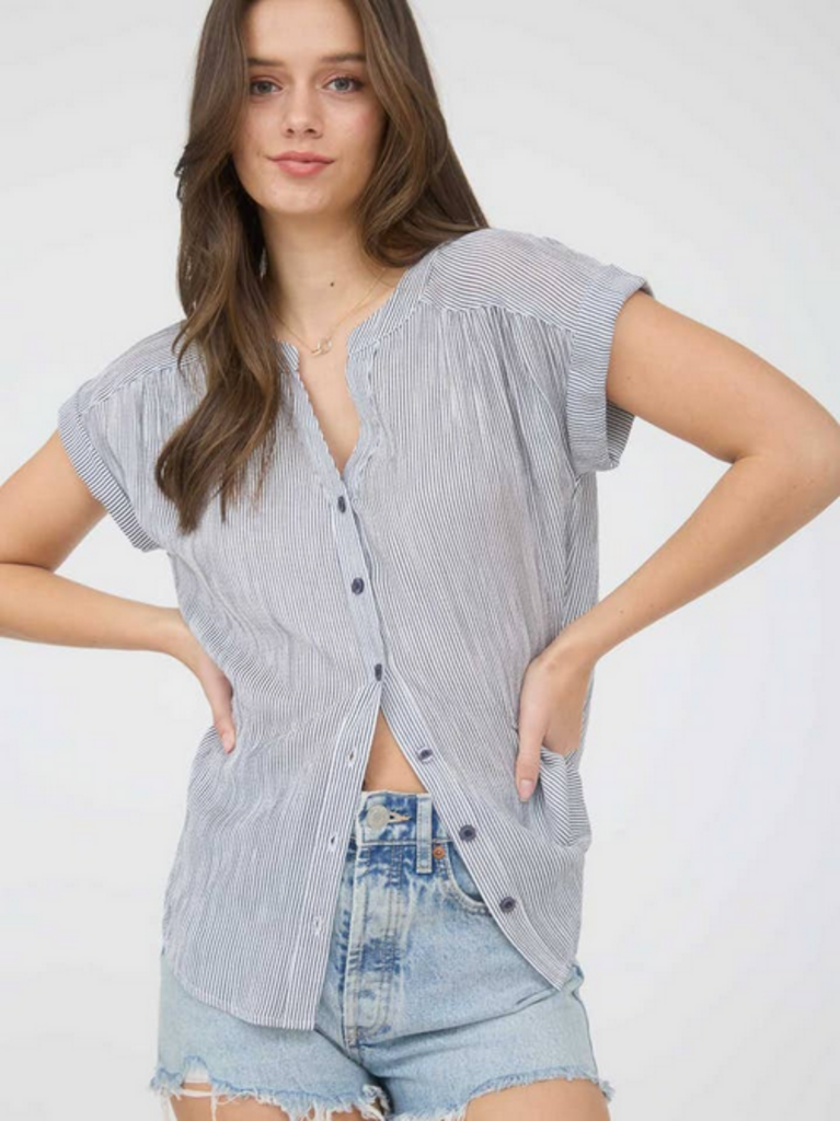 Blu Pepper Pinstripe Short Sleeve Button Down Shirt