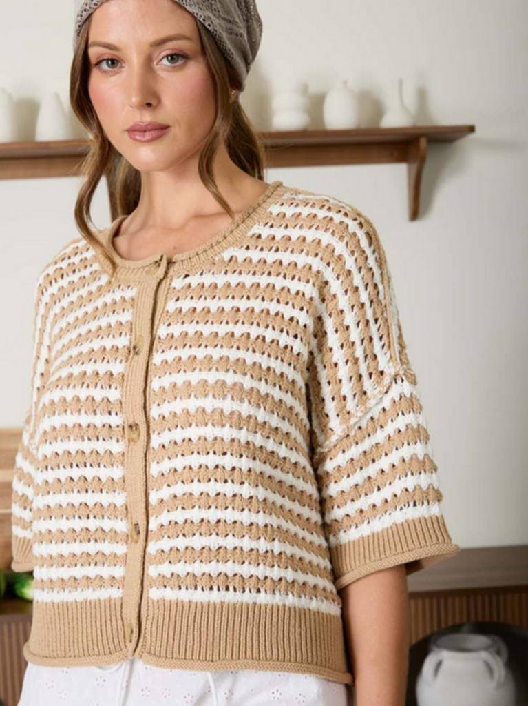 Blu Pepper Stripe Short Sleeve Crochet Knit Cardigan