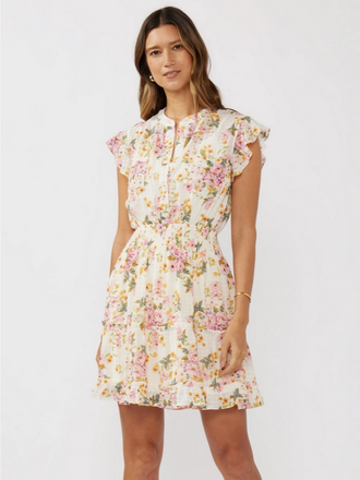 Love Stitch Floral Smocked Waist Mini Dress with Flutter Sleeve
