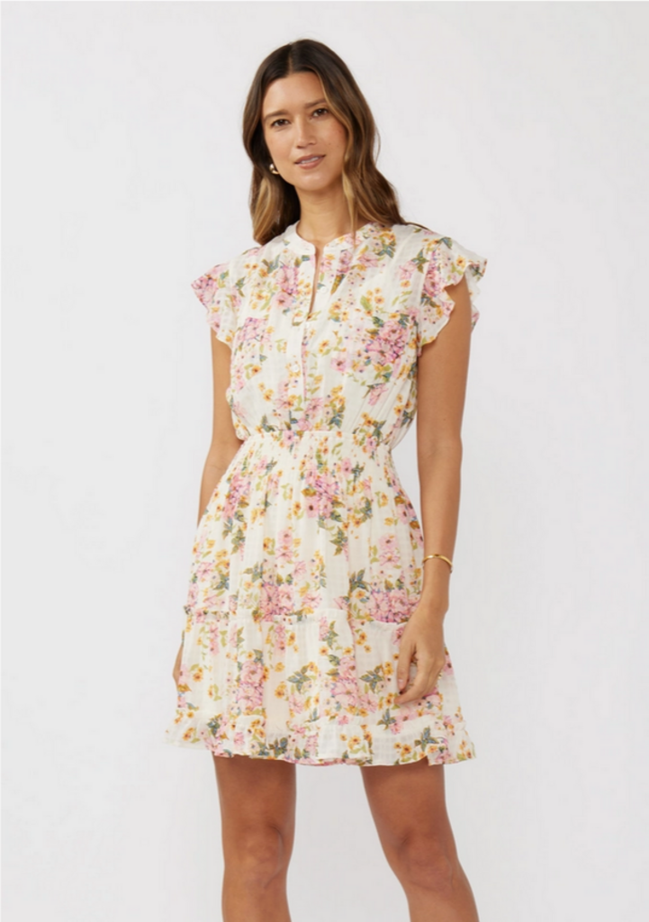 Love Stitch Floral Smocked Waist Mini Dress with Flutter Sleeve