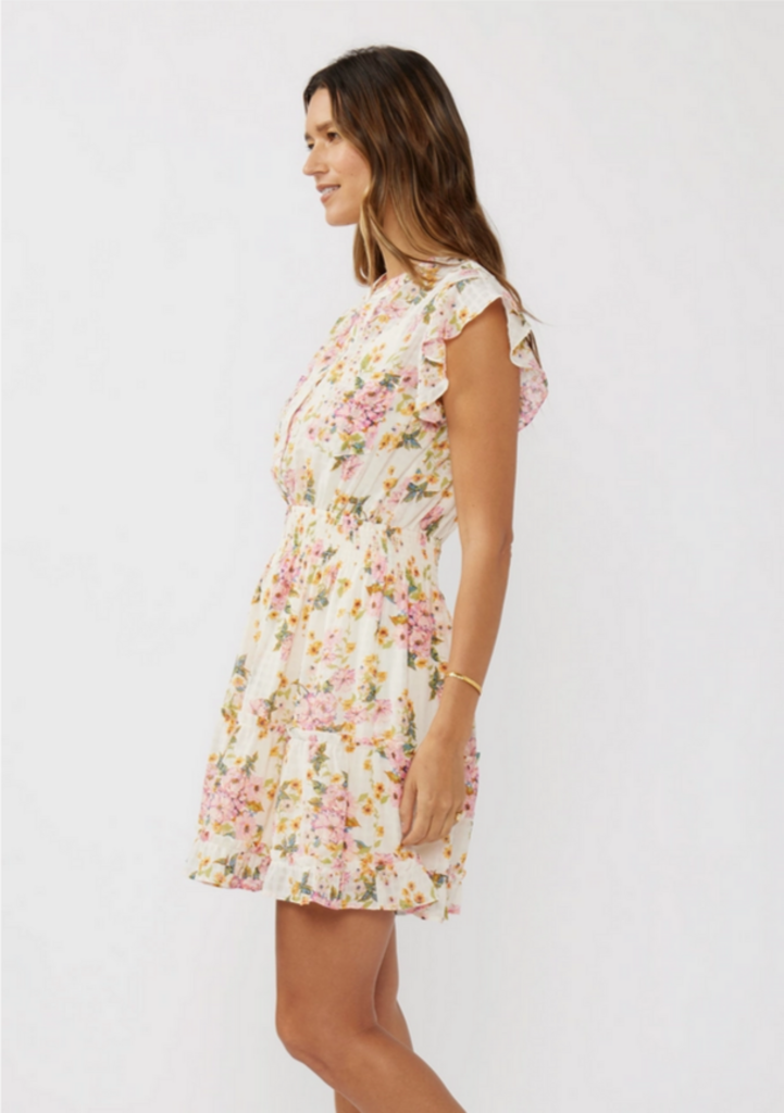 Love Stitch Floral Smocked Waist Mini Dress with Flutter Sleeve