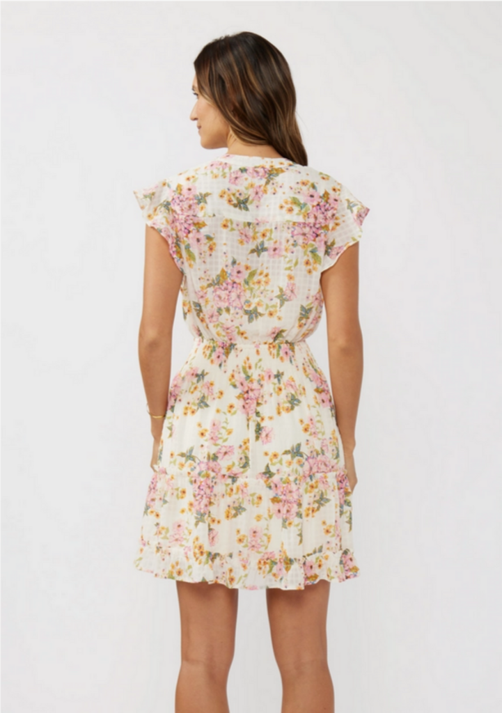 Love Stitch Floral Smocked Waist Mini Dress with Flutter Sleeve