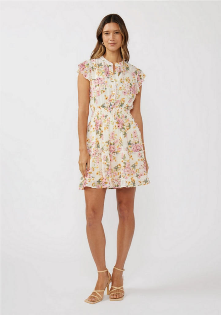 Love Stitch Floral Smocked Waist Mini Dress with Flutter Sleeve