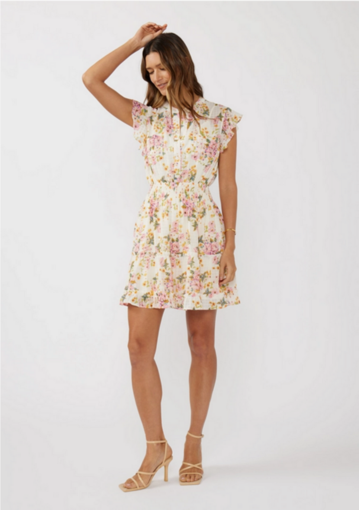 Love Stitch Floral Smocked Waist Mini Dress with Flutter Sleeve