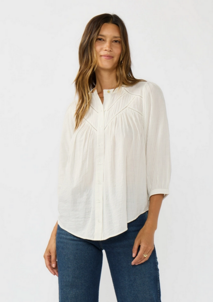 Love Stitch Pintuck & Lace Trim Cotton Pinstripe Blouse