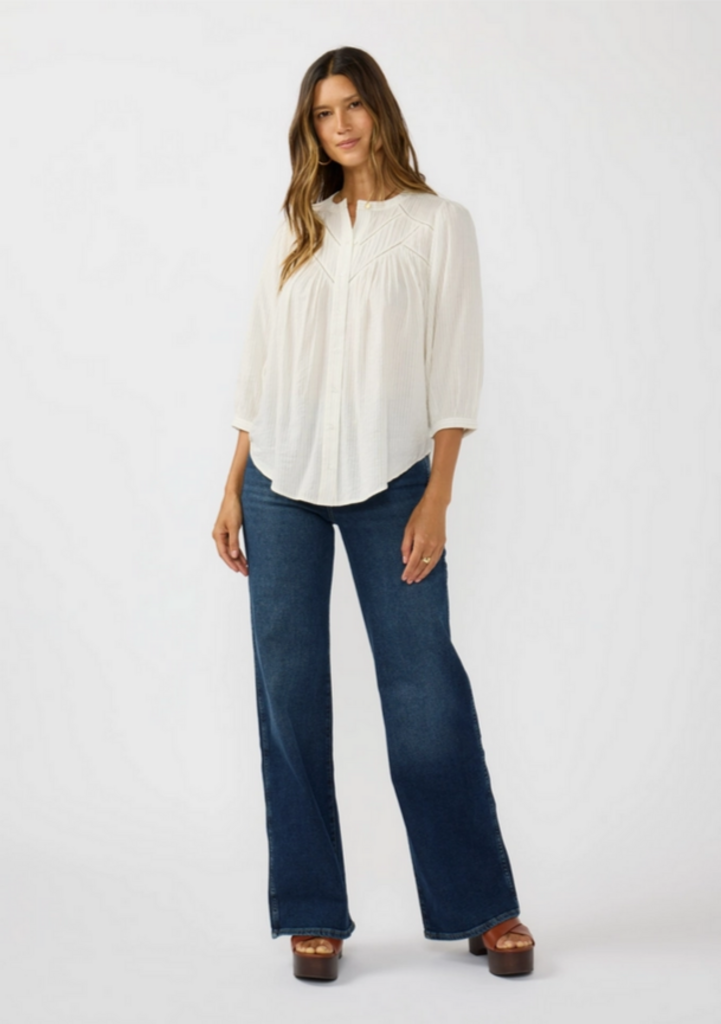 Love Stitch Pintuck & Lace Trim Cotton Pinstripe Blouse