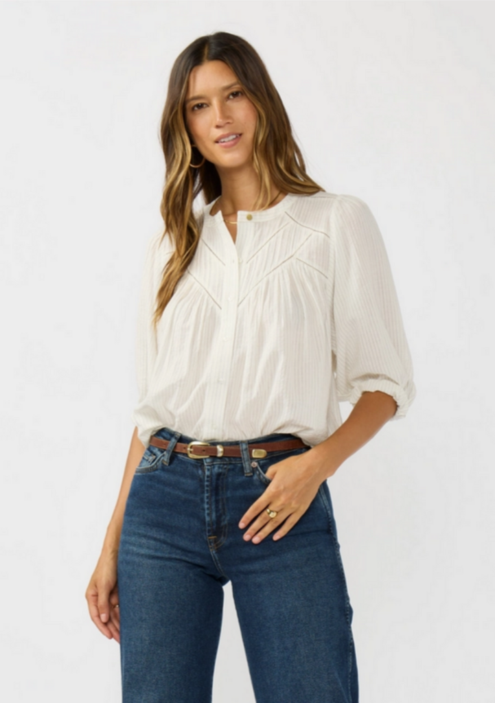 Love Stitch Pintuck & Lace Trim Cotton Pinstripe Blouse