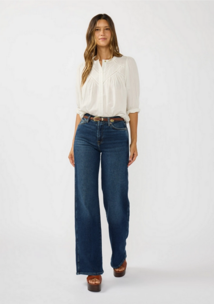 Love Stitch Pintuck & Lace Trim Cotton Pinstripe Blouse