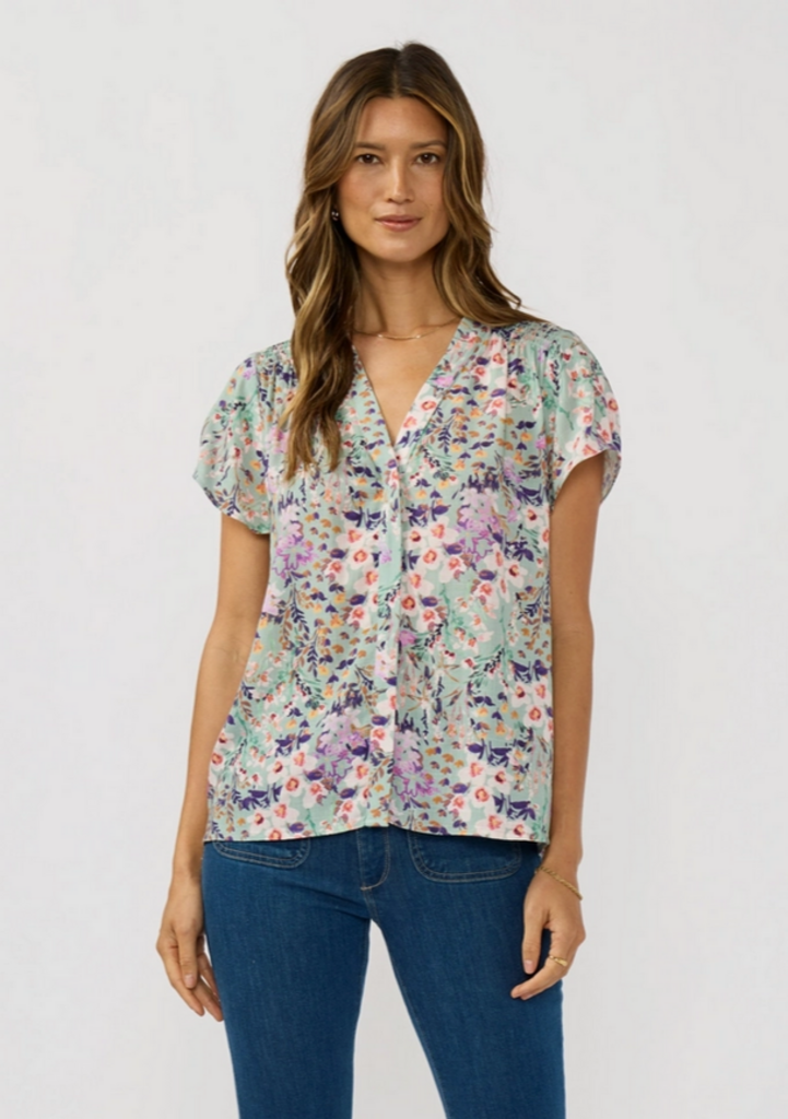 Love Stitch Flutter Sleeve Hidden Button Down Top