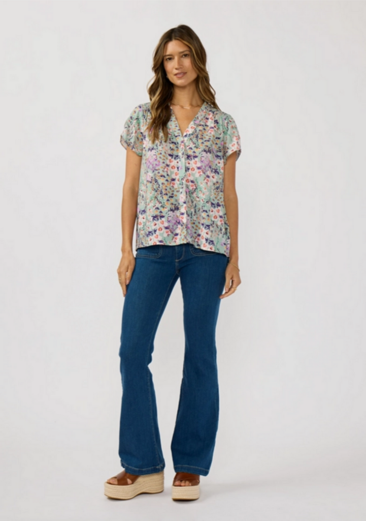 Love Stitch Flutter Sleeve Hidden Button Down Top