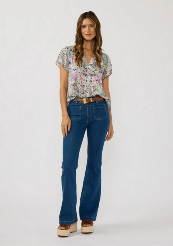 Love Stitch Flutter Sleeve Hidden Button Down Top