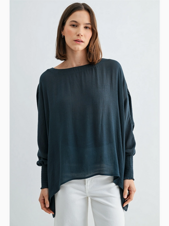 Fun2Fun Boat Neck Oversize Top with Smocked Cuff