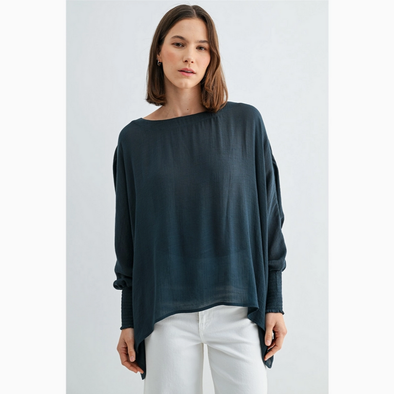 Fun2Fun Boat Neck Oversize Top with Smocked Cuff