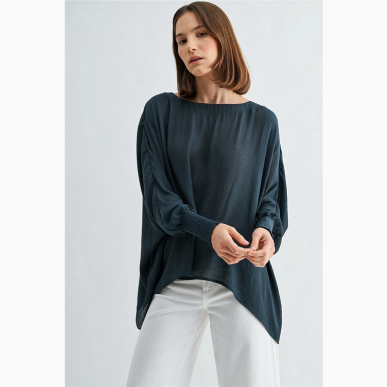 Fun2Fun Boat Neck Oversize Top with Smocked Cuff