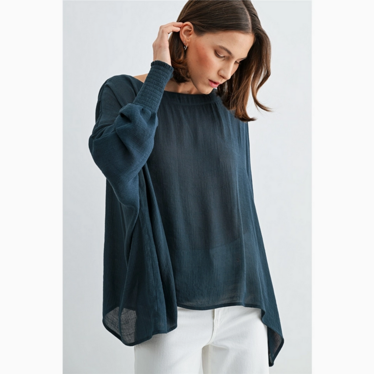 Fun2Fun Boat Neck Oversize Top with Smocked Cuff