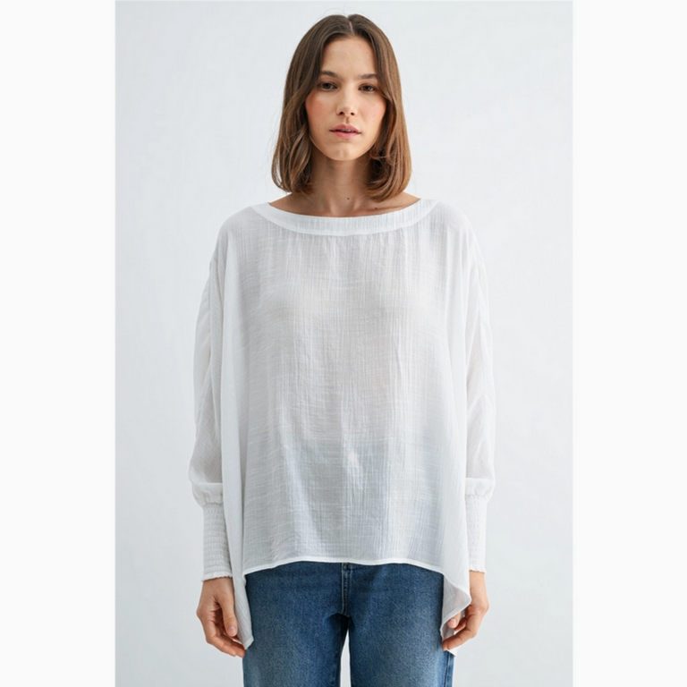 Fun2Fun Boat Neck Oversize Top with Smocked Cuff