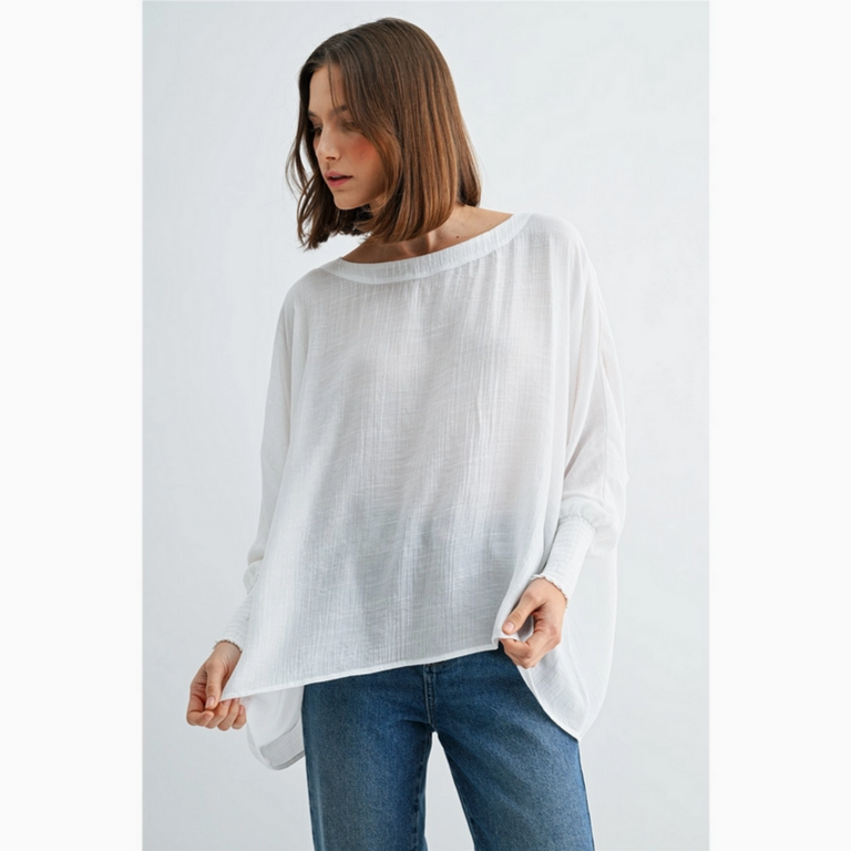 Fun2Fun Boat Neck Oversize Top with Smocked Cuff