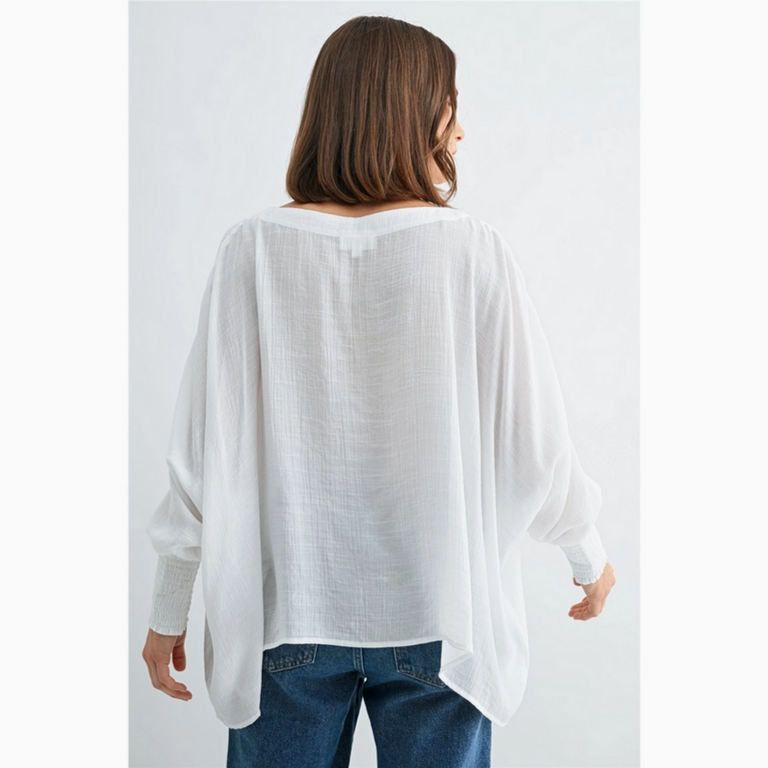 Fun2Fun Boat Neck Oversize Top with Smocked Cuff