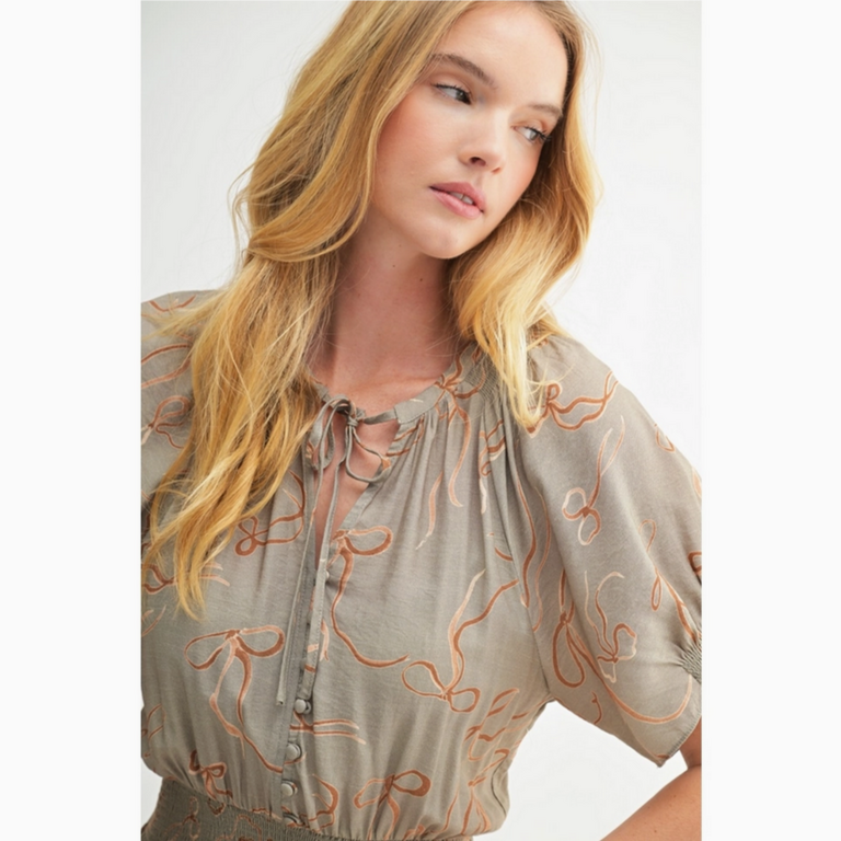 Fun2Fun Bow Print Button Front Midi Dress