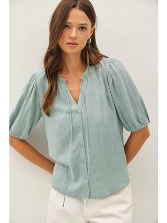 Be Cool Linen Blended Ruffle Trim Front Tie Blouse