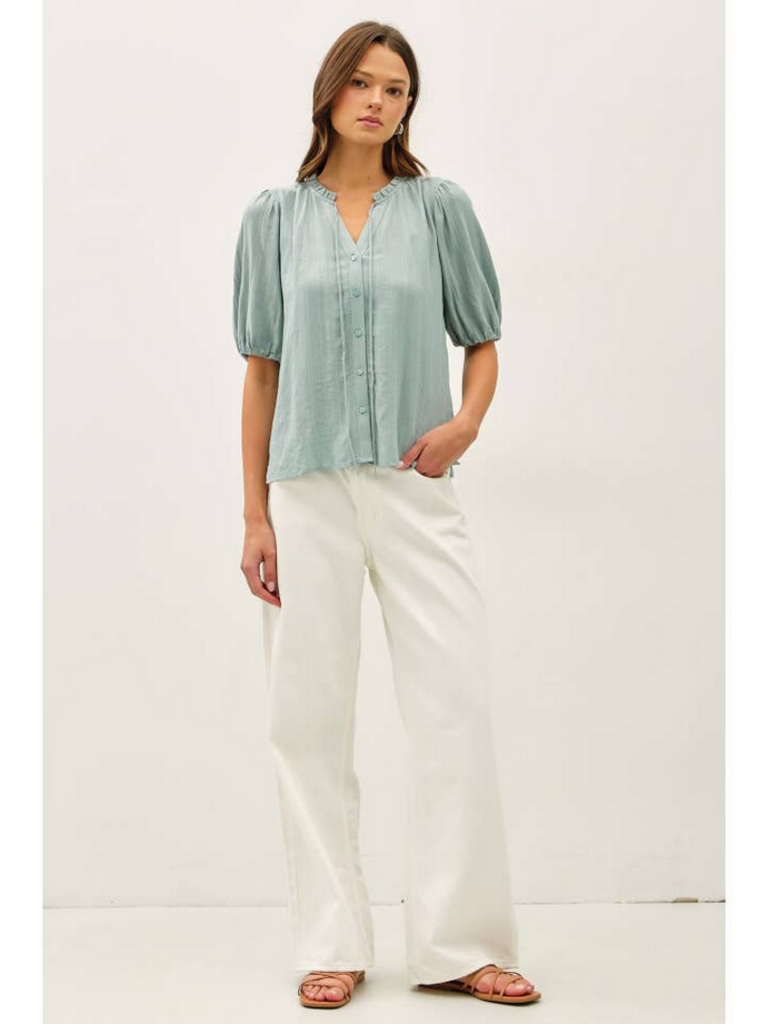 Be Cool Linen Blended Ruffle Trim Front Tie Blouse