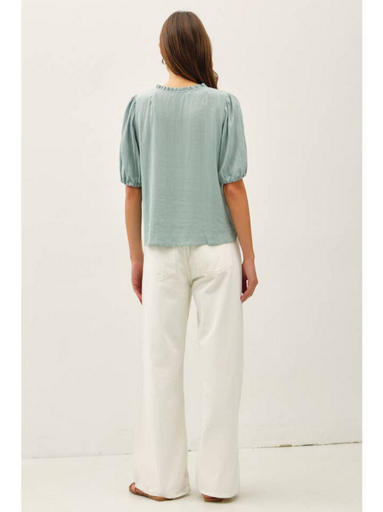 Be Cool Linen Blended Ruffle Trim Front Tie Blouse