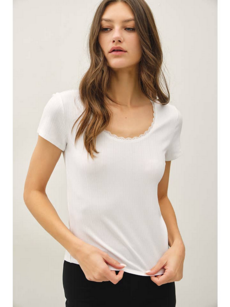 Be Cool Lace Trimed Ribbed Scoop Neck Top