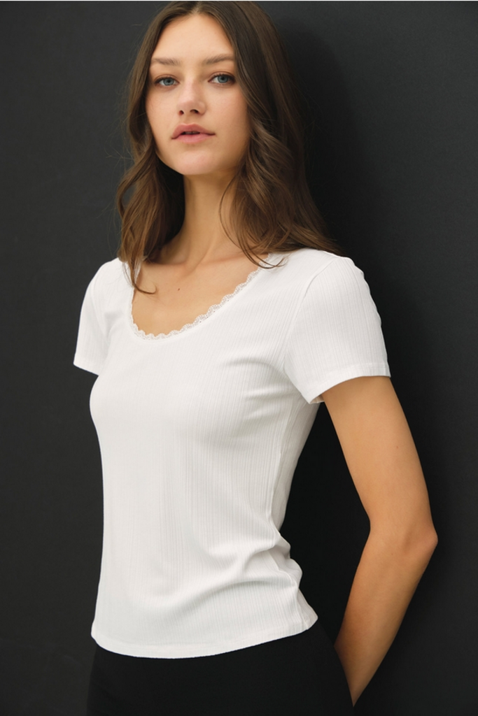 Be Cool Lace Trimed Ribbed Scoop Neck Top
