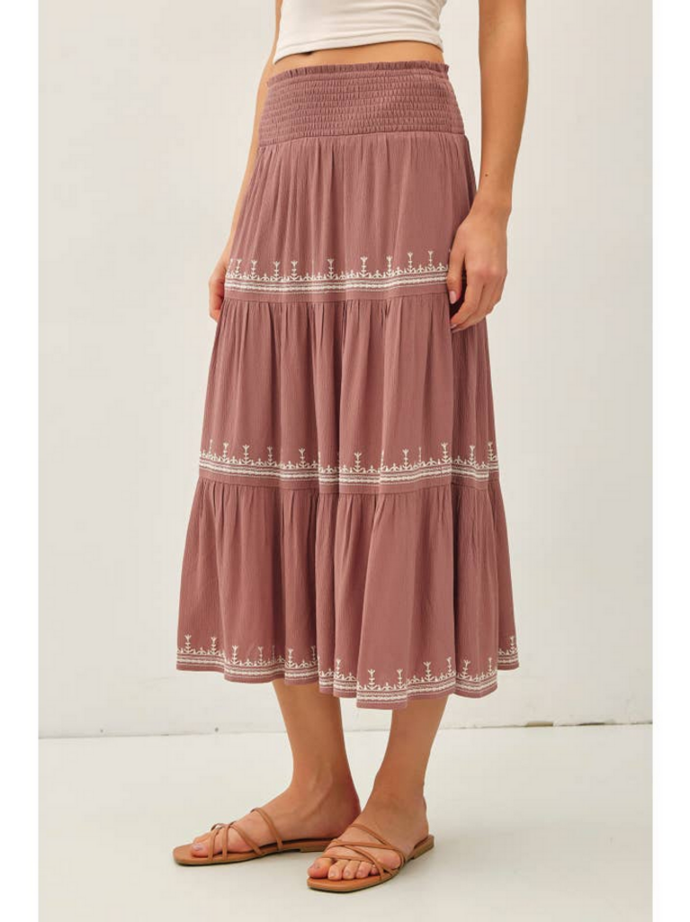 Be Cool Embroidered Detail Tri-Tier Midi Skirt