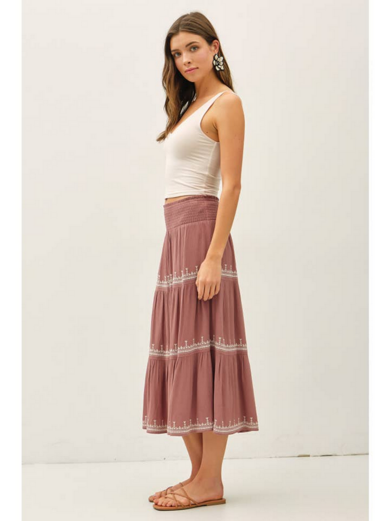 Be Cool Embroidered Detail Tri-Tier Midi Skirt