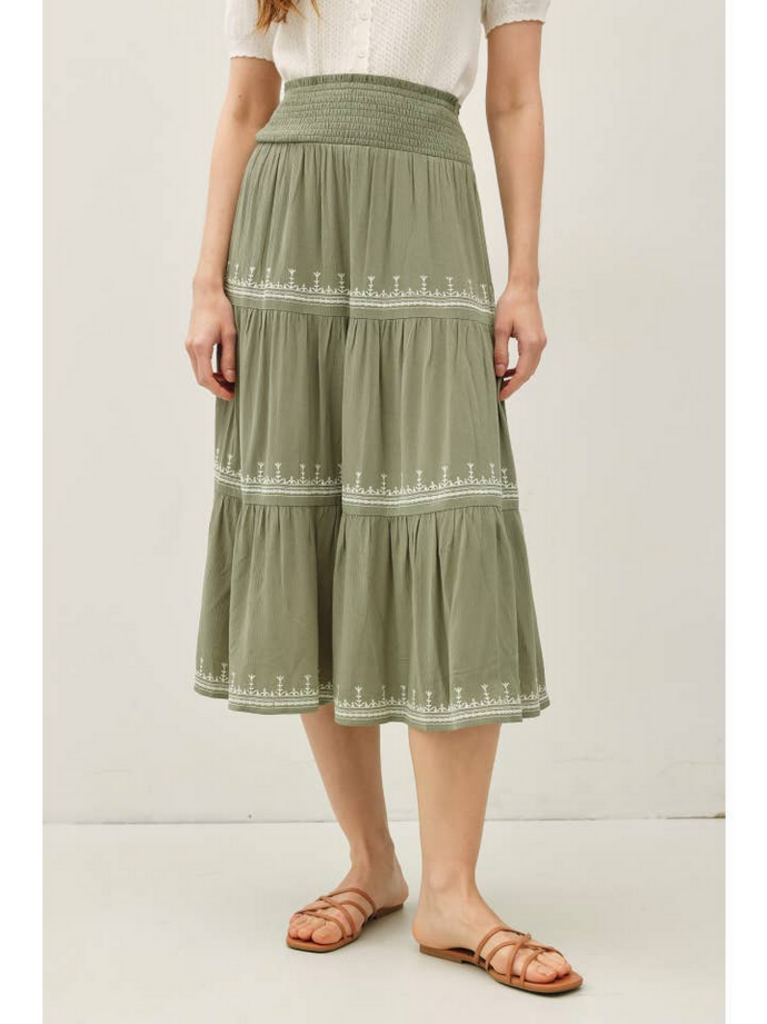 Be Cool Embroidered Detail Tri-Tier Midi Skirt