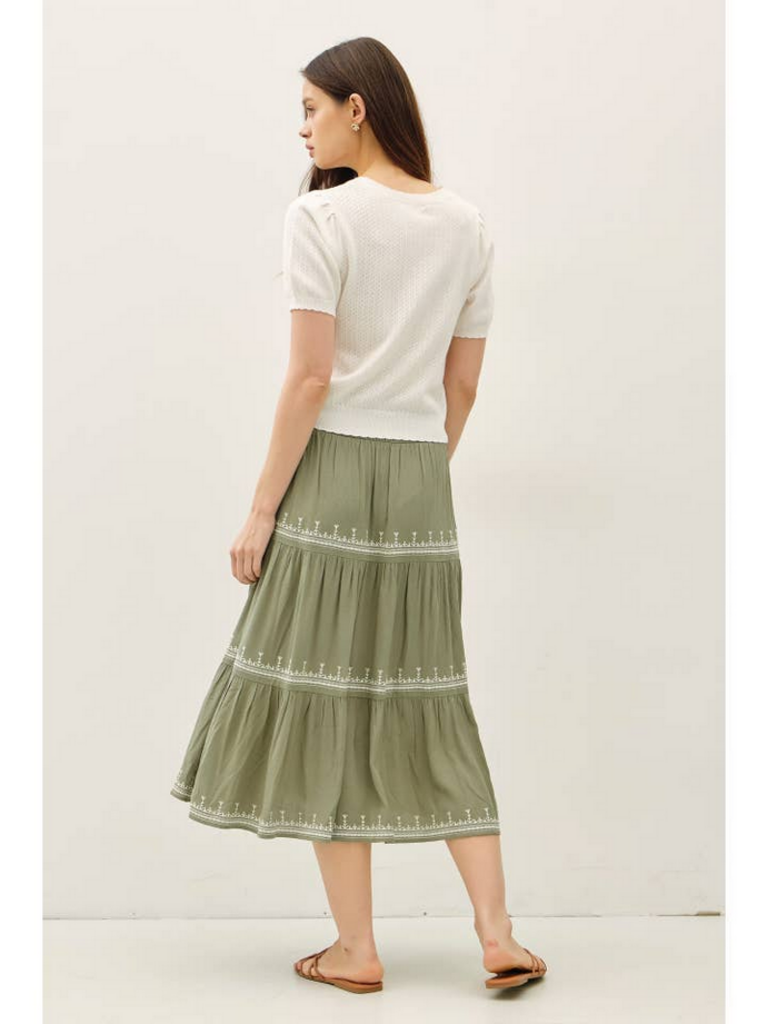 Be Cool Embroidered Detail Tri-Tier Midi Skirt