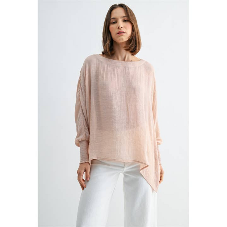 Fun2Fun Boat Neck Oversize Top with Smocked Cuff