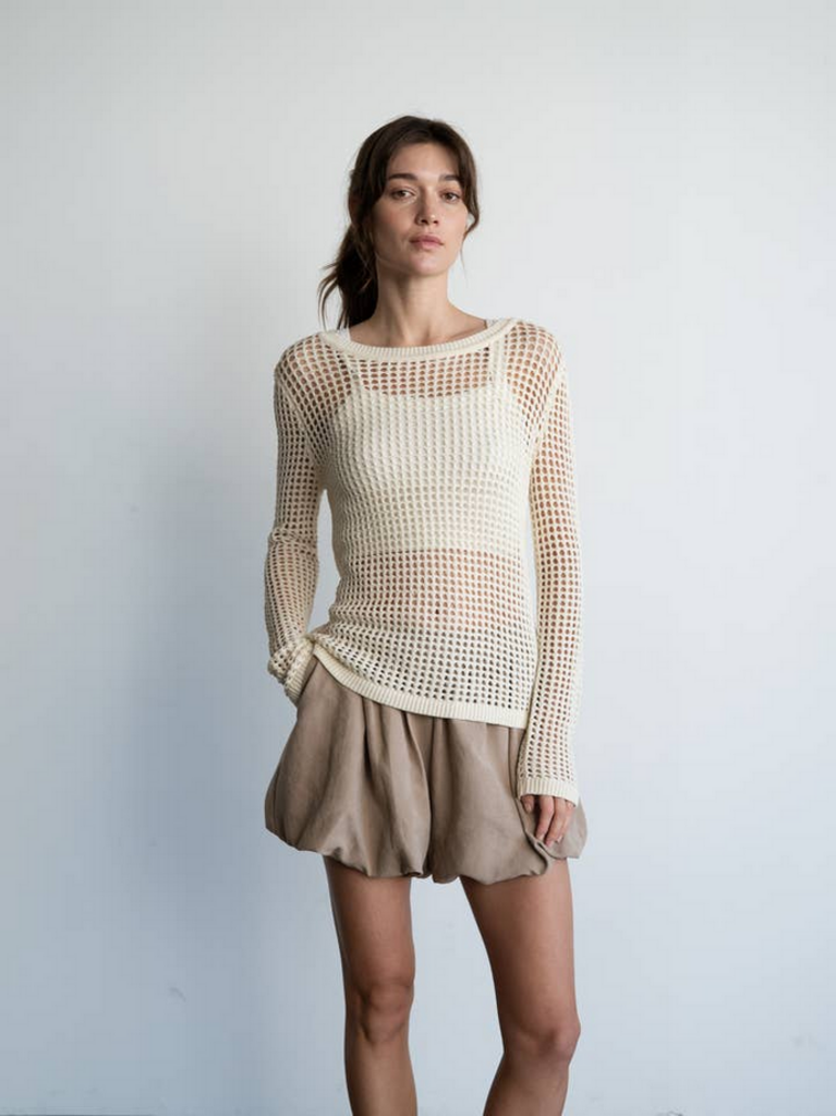 Elle Grey Open-Knit Crochet Sweater Top