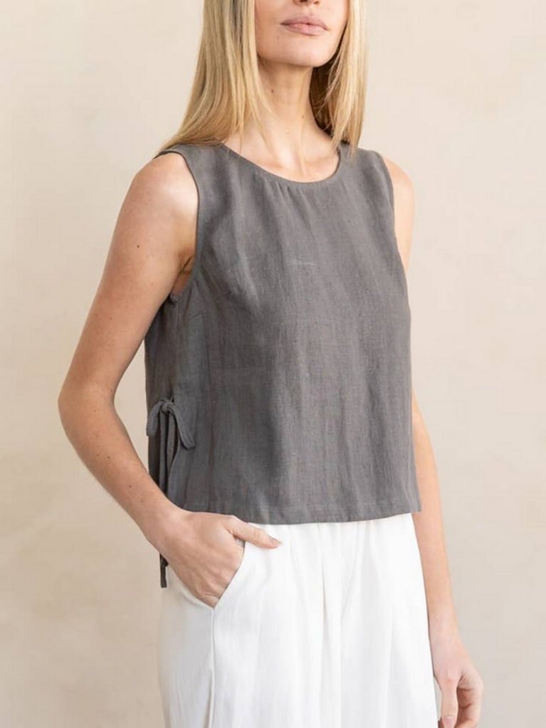Elle Grey Side-Tie Detailed Linen Top