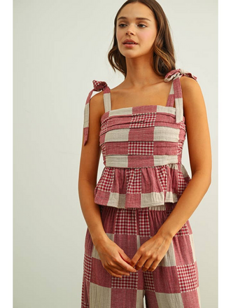 Miou Muse Gingham & Stripe Patch Effect Tie Shoulder Top