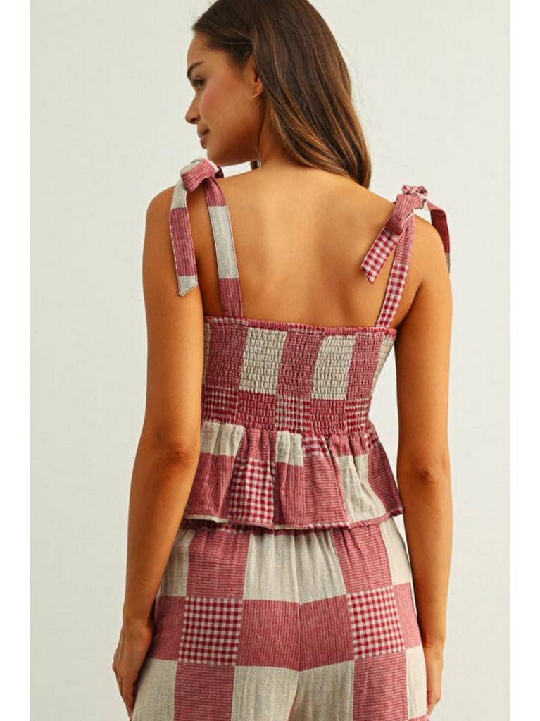 Miou Muse Gingham & Stripe Patch Effect Tie Shoulder Top