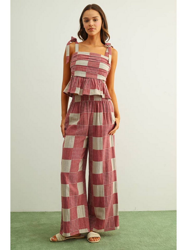 Miou Muse Gingham & Stripe Patch Effect Tie Shoulder Top