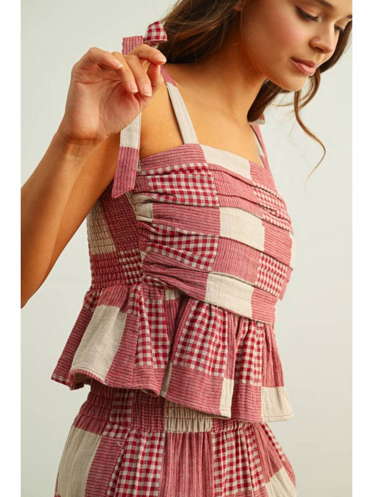 Miou Muse Gingham & Stripe Patch Effect Tie Shoulder Top