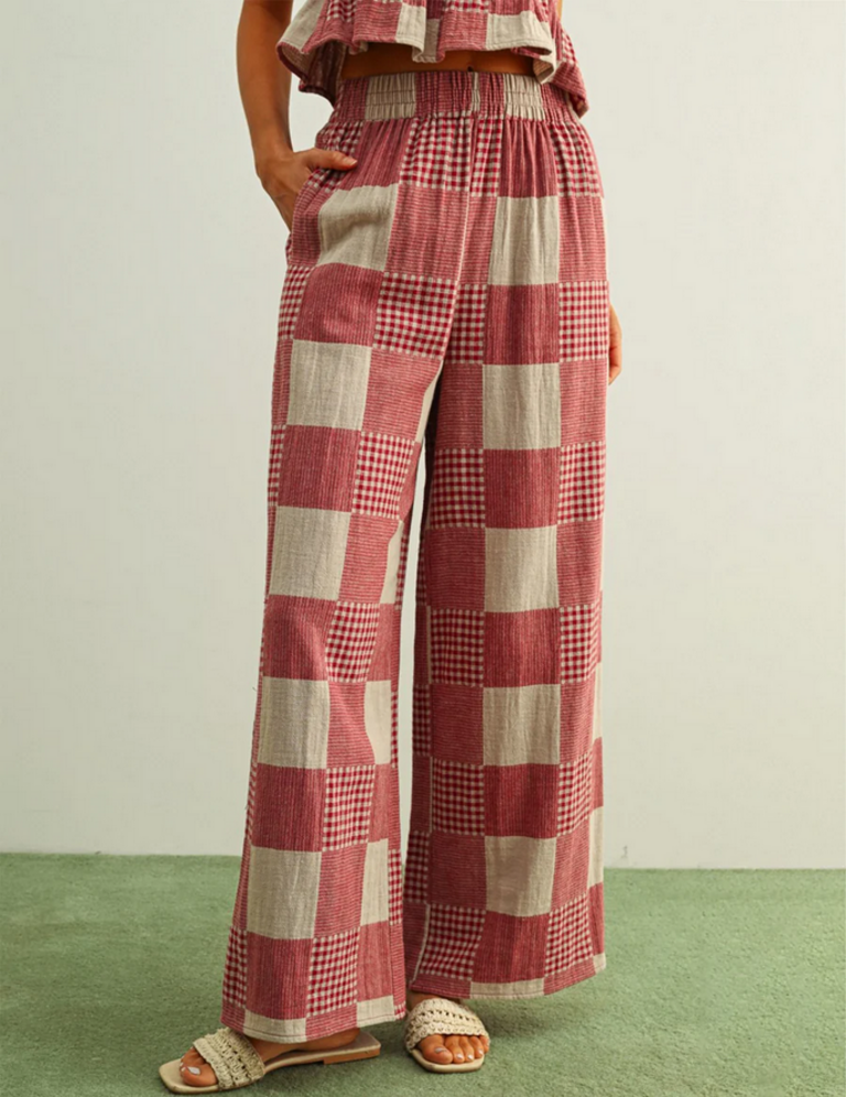 Miou Muse Gingham & Stripe Patch Effect Wide Leg Pants