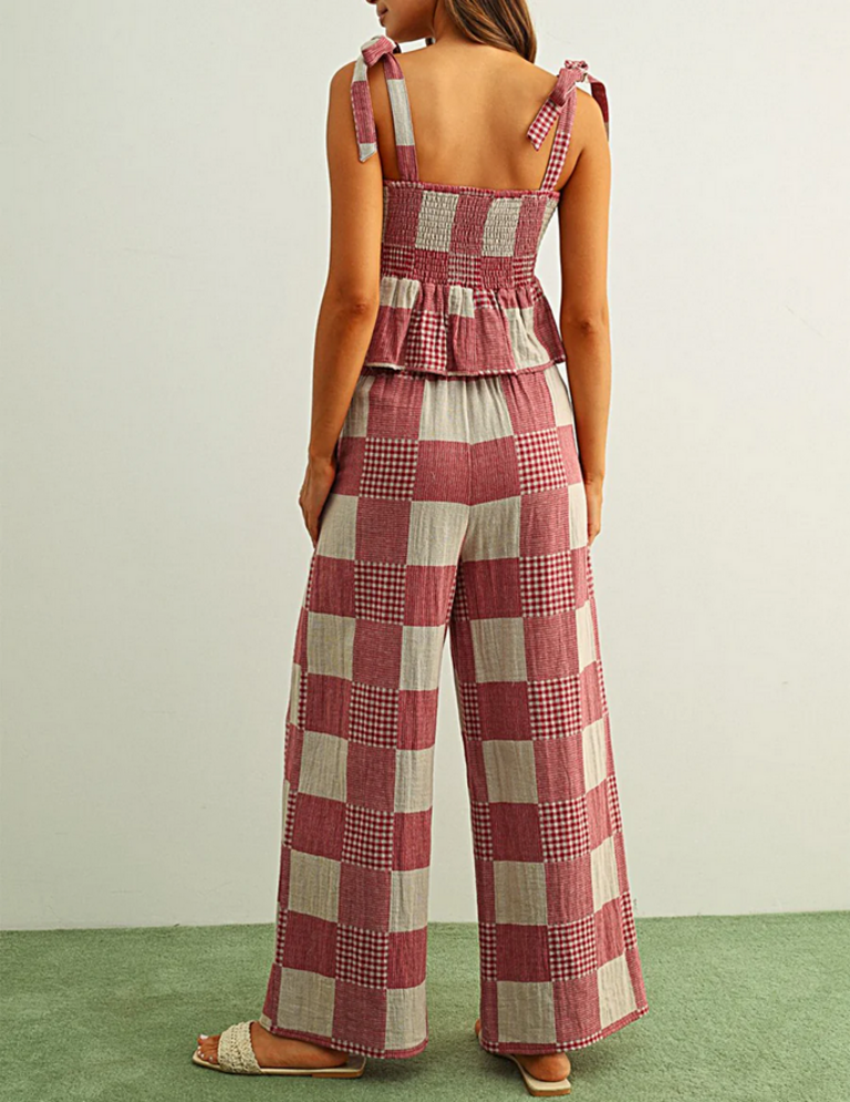 Miou Muse Gingham & Stripe Patch Effect Wide Leg Pants