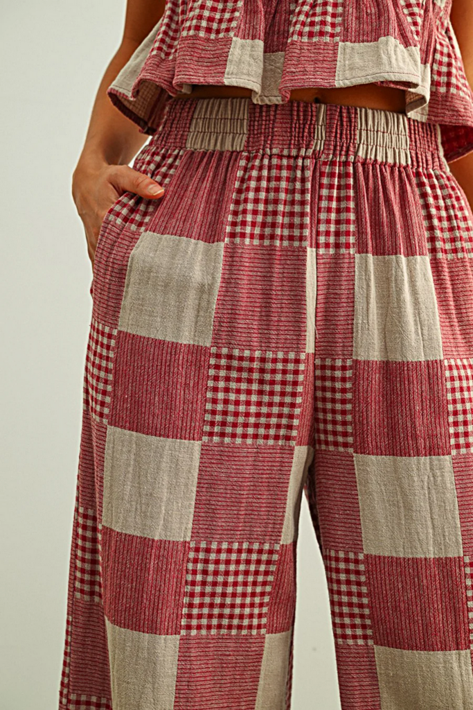 Miou Muse Gingham & Stripe Patch Effect Wide Leg Pants