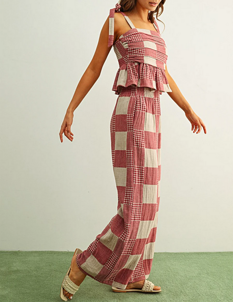 Miou Muse Gingham & Stripe Patch Effect Wide Leg Pants